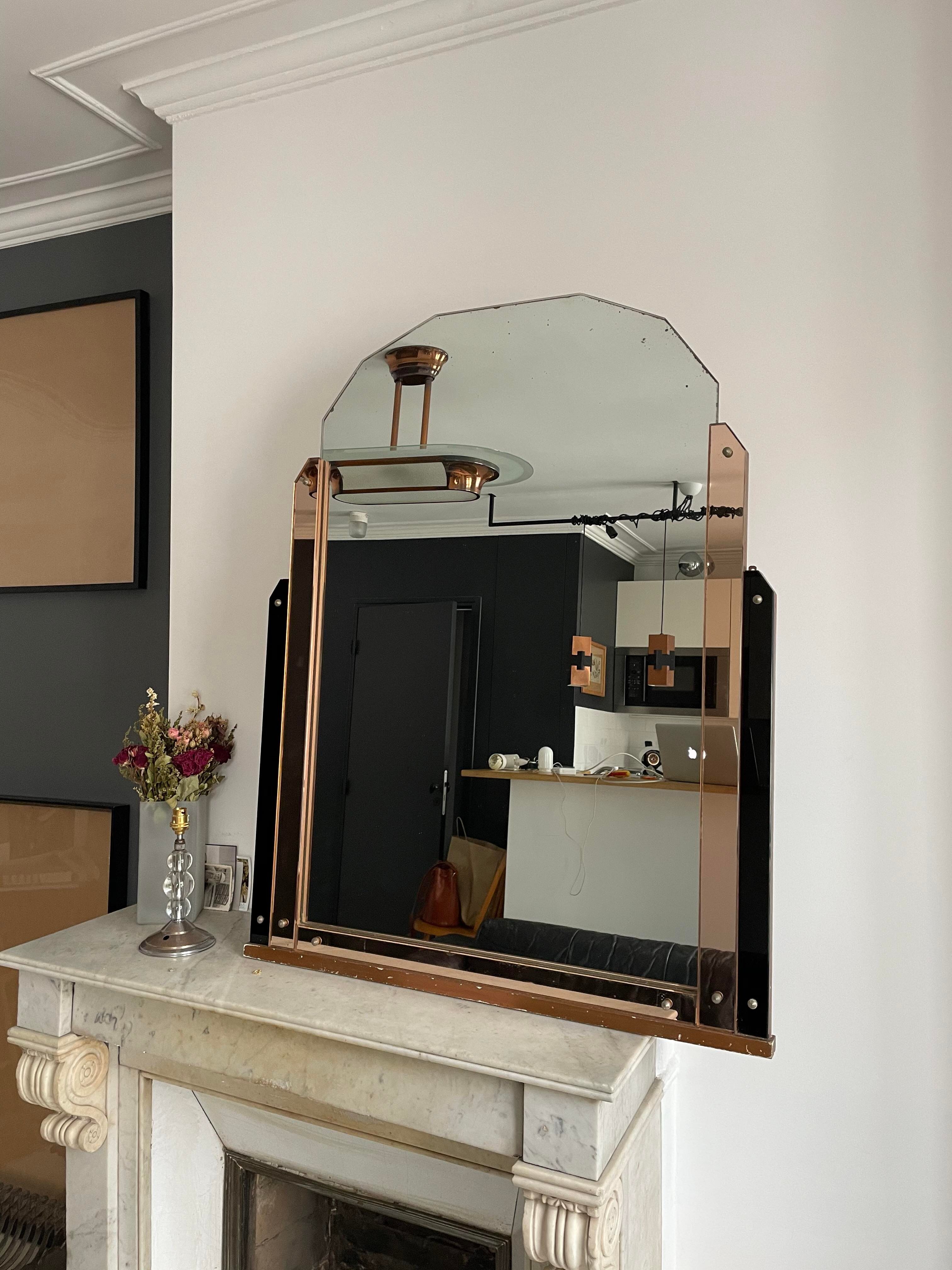 Art deco mirror, pink and black mirror pillar, France 1930
