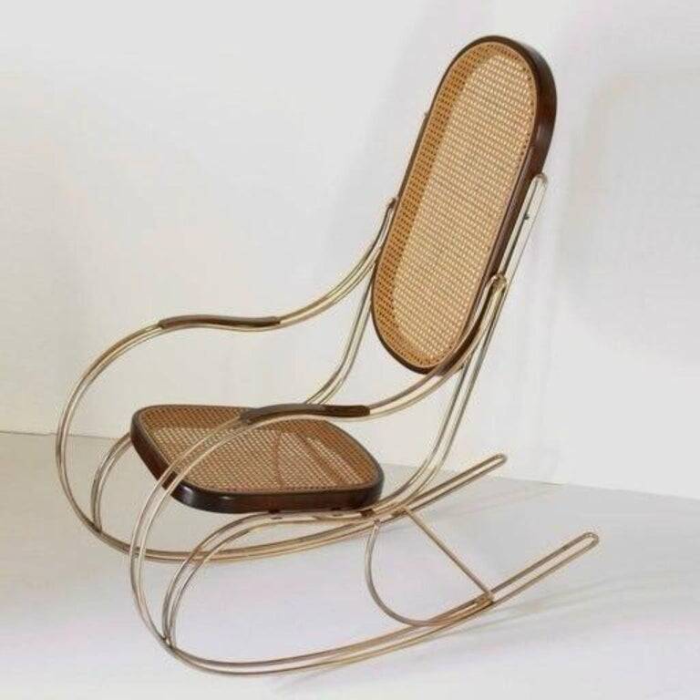 1970s Thonet-Style Rocking Chair, Brass & Wicker