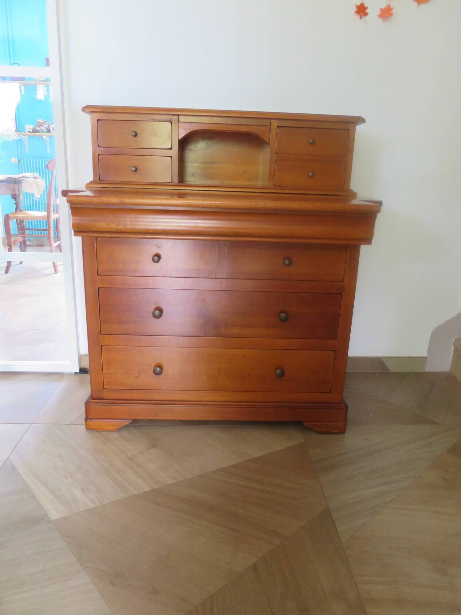 Vintage commode secretary dressing table sliding top 7 drawers cherry wood