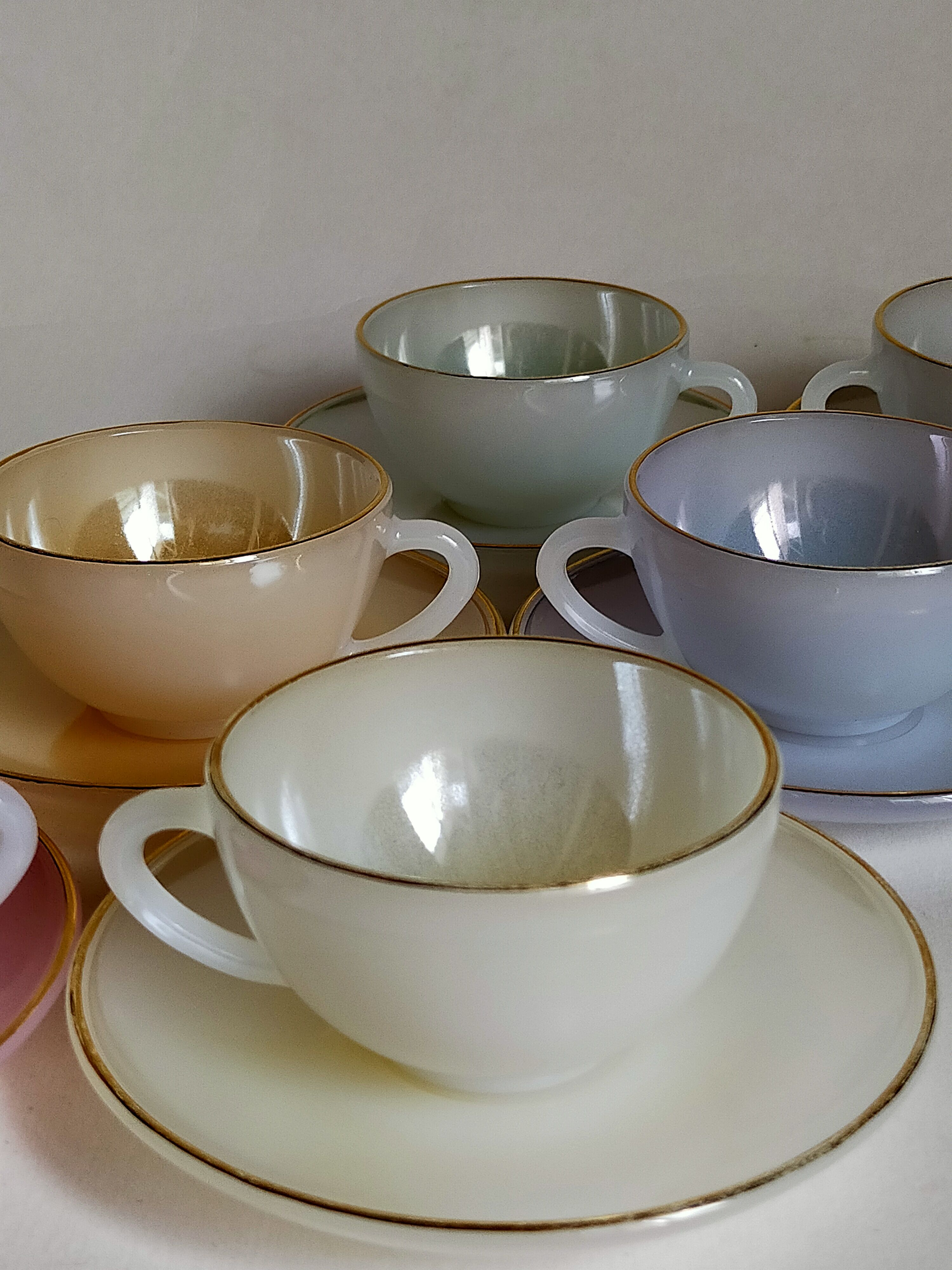 Six vintage iridescent pastel arcopal opaline cups