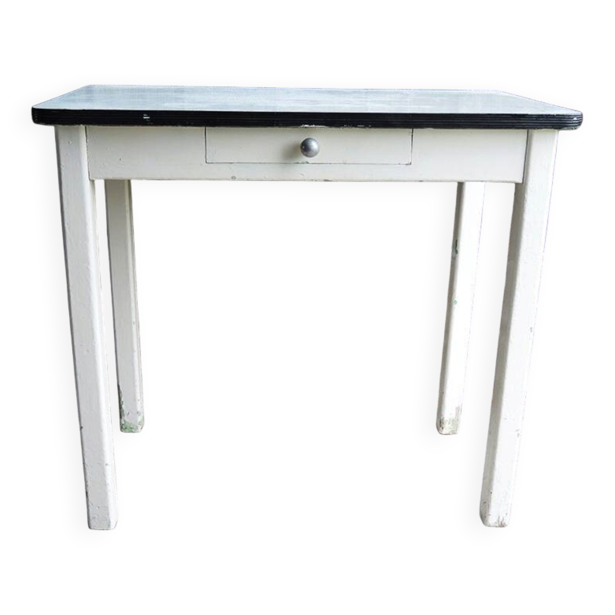 Ancienne table d’appoint en bois laqué blanc et formica vert d’eau
