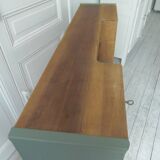 Console made with some old walnut elements. Unique smoky green piece.