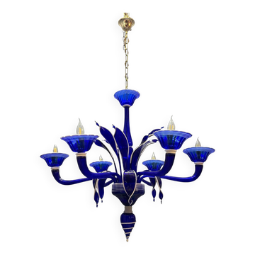 Chandelier vintage bleu et blanc en Murano, Italie, années 1980