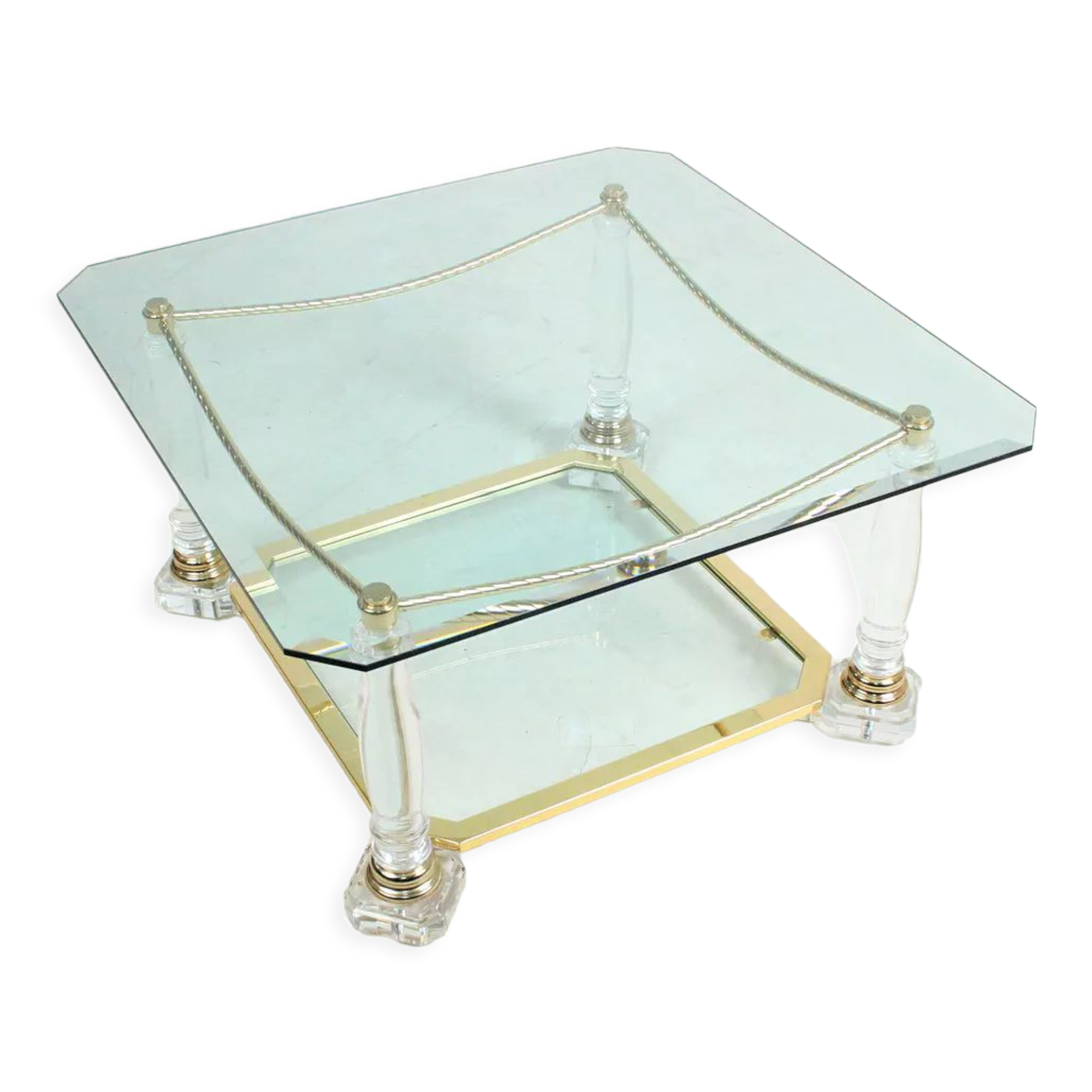 Hollywood regency vintage coffee table in brass & glass 1970s