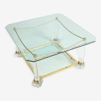 Hollywood regency vintage coffee table in brass & glass 1970s