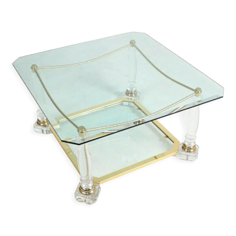 Table basse Hollywood Regency vintage en laiton & verre 1970s