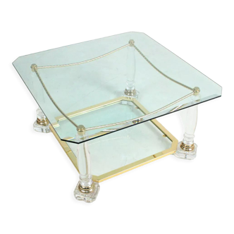 Hollywood regency vintage coffee table in brass & glass 1970s