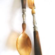 Antique horn salad cutlery – shell decoration 1900