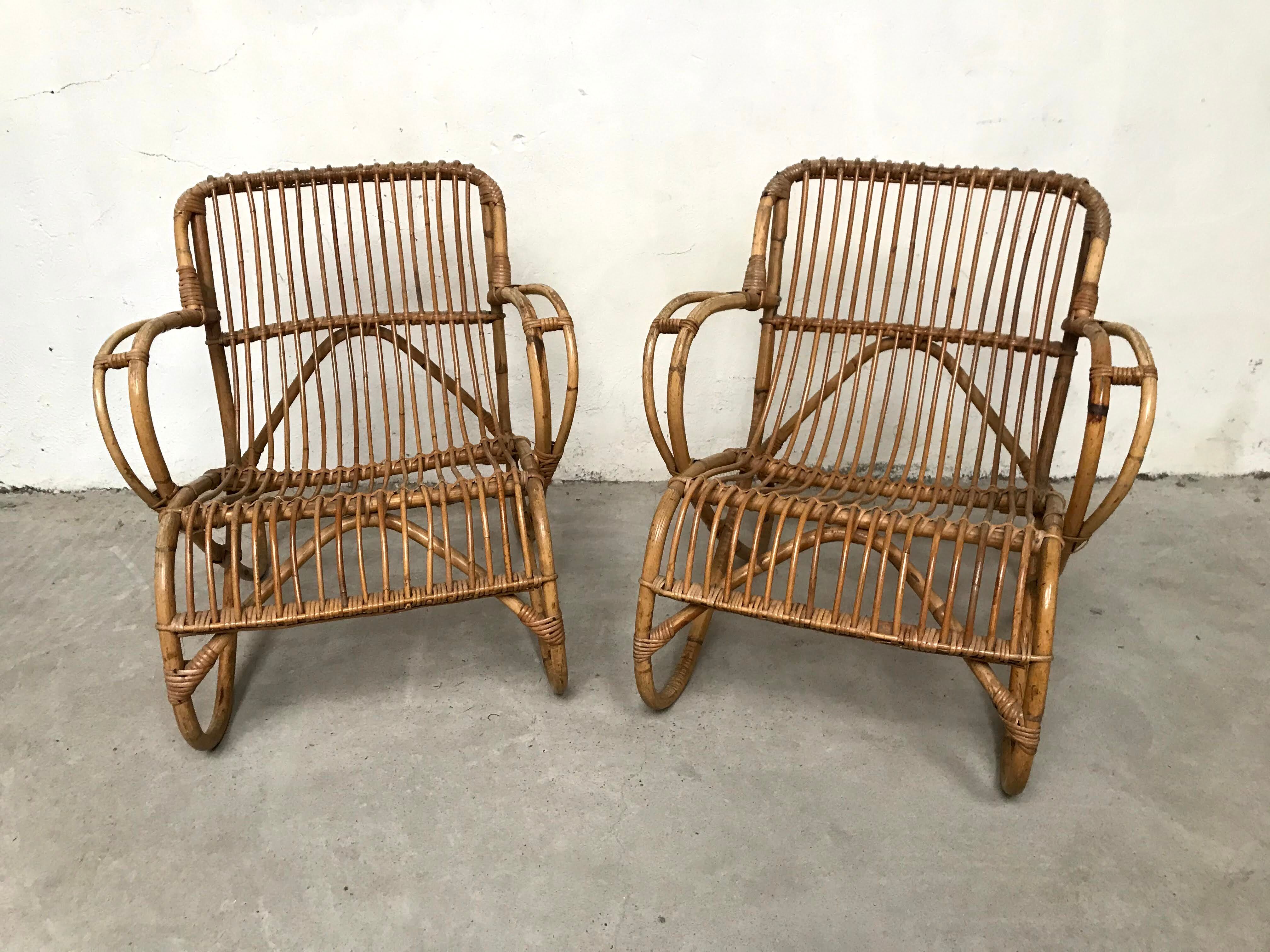 Pair of vintage rattan and bamboo chairs, 60s