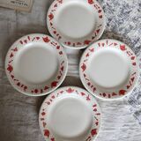 4 vintage porcelain dessert plates with red border and breakfast motif