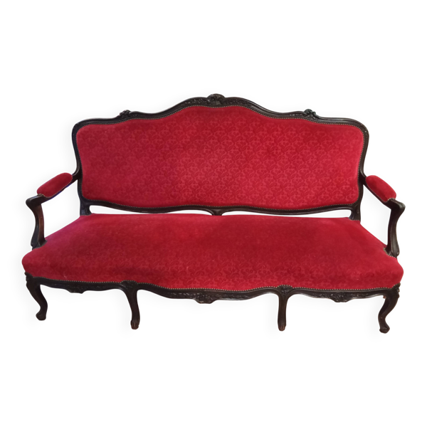 Ancienne banquette, canapé style Louis XV en velours rouge