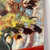 Bouquet of flowers on a red tablecloth, knife on a board, signed Renzo.