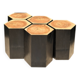 Set of 5 hexagonal stools in two-tone suar forming occasional furniture