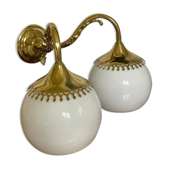 Pair of vintage brass and opaline wall lamps