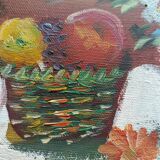 Hst still life signed helman xx: bouquet of flowers, vase, fruit, basket, window