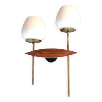 Two-light wall lamp in teak, gilded brass and white opaline Maison Lunel 1960.