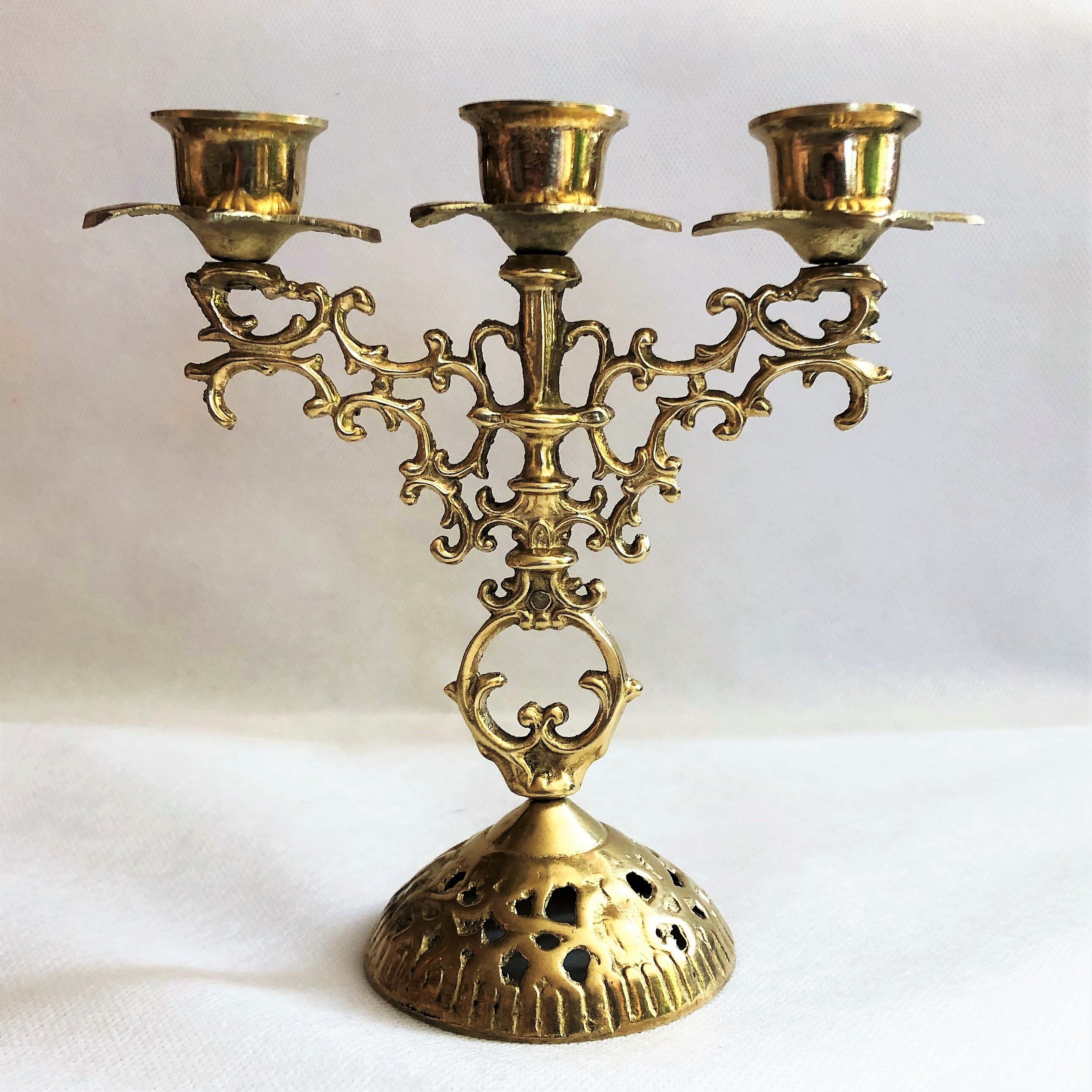 Pair of candlesticks 3 branches golden brass