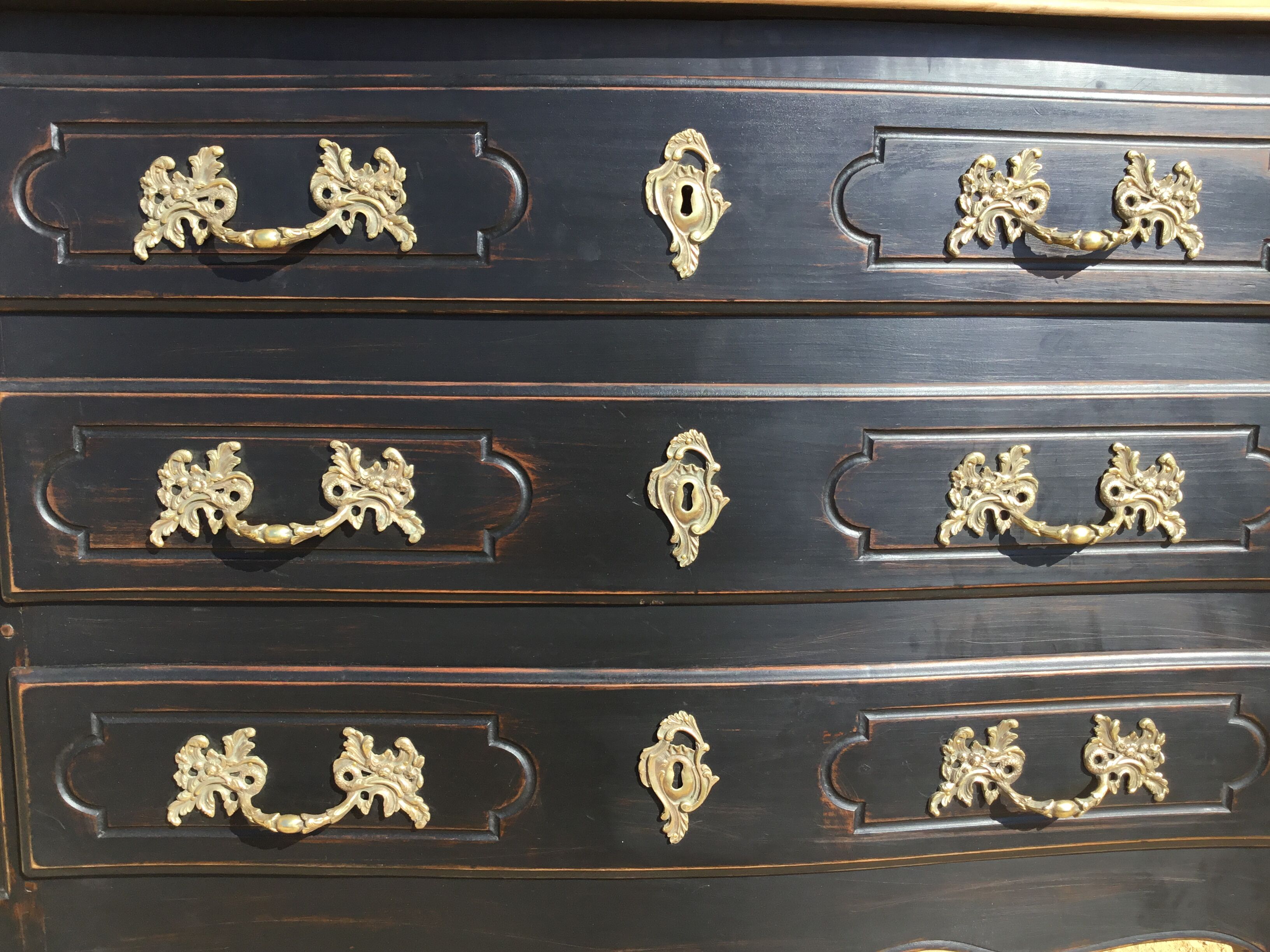 Louis XV style chest of drawers in cherry patinated in black top natural wood