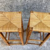 Pair of stools straw end of sofa solid wood 1950 decoration vintage furniture