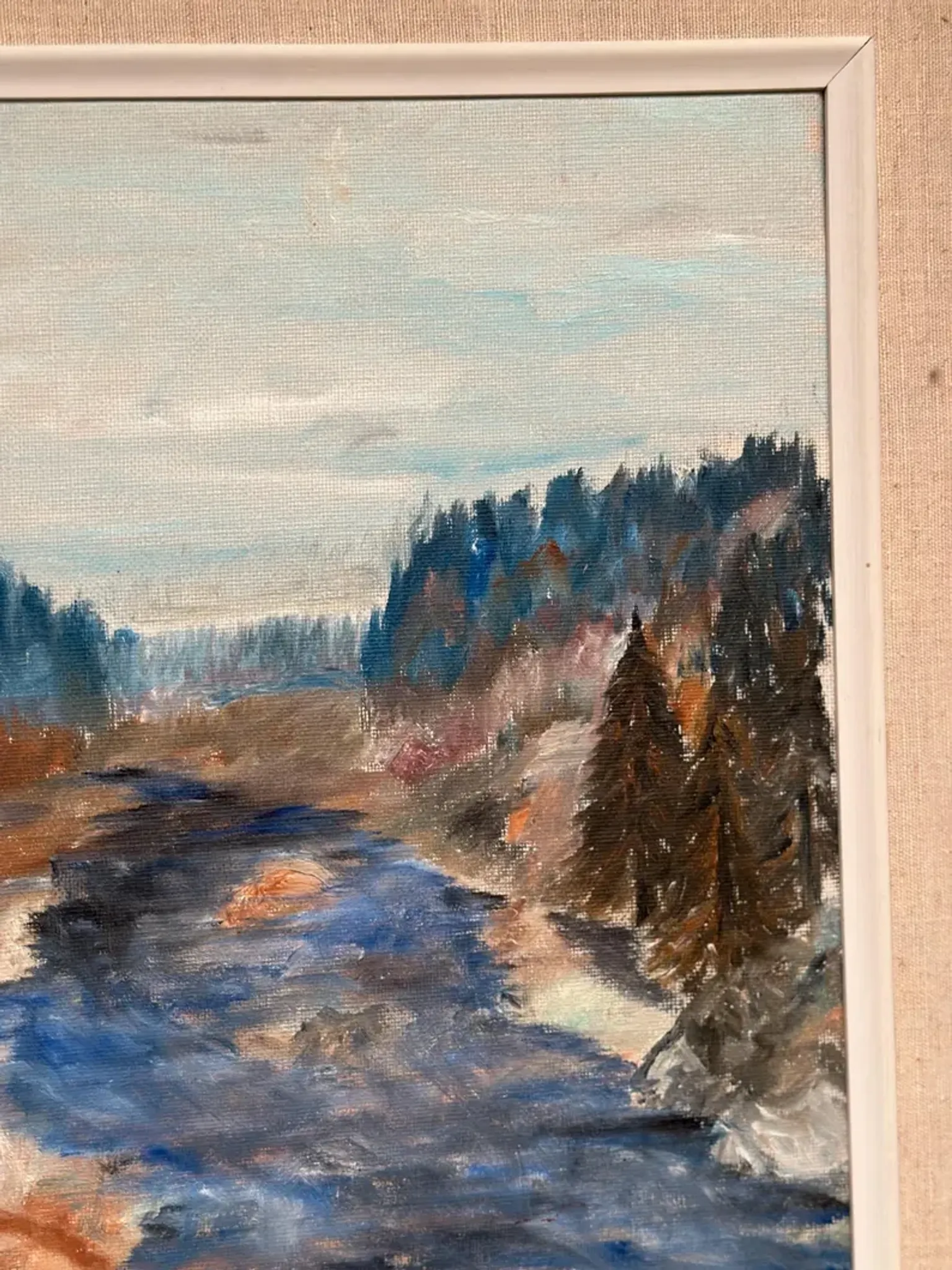 Original Swedish Oil on Canvas – “Landscape with River and Forest” by Kaj – Signed – Vintage & Framed – 60 × 52 cm (23.6" × 20.5")