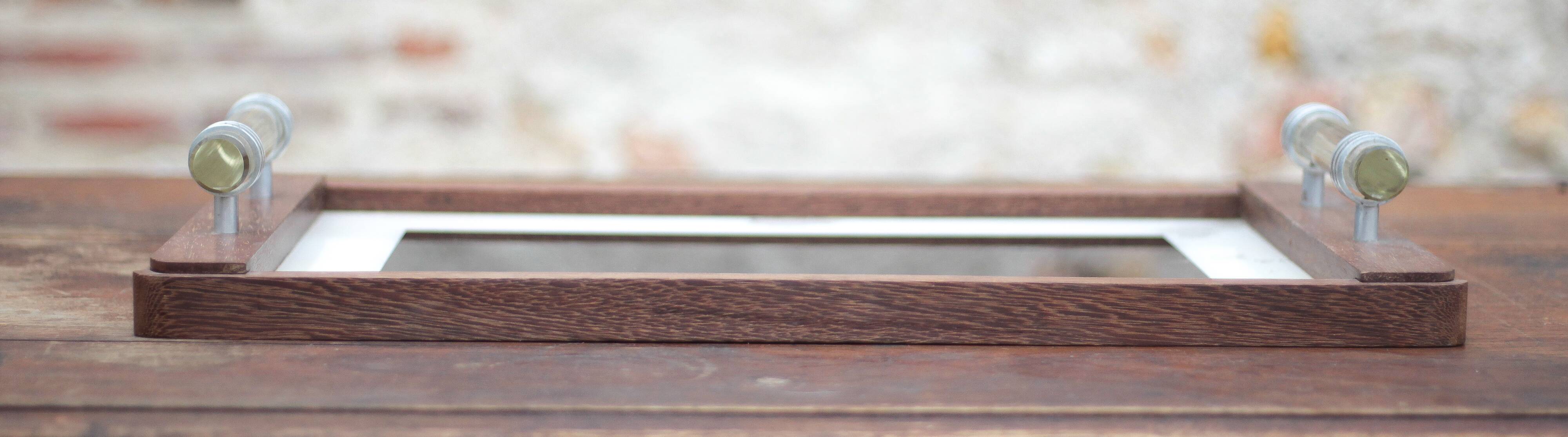 Art deco wooden tray, wooden tray with glass handles, breakfast tray