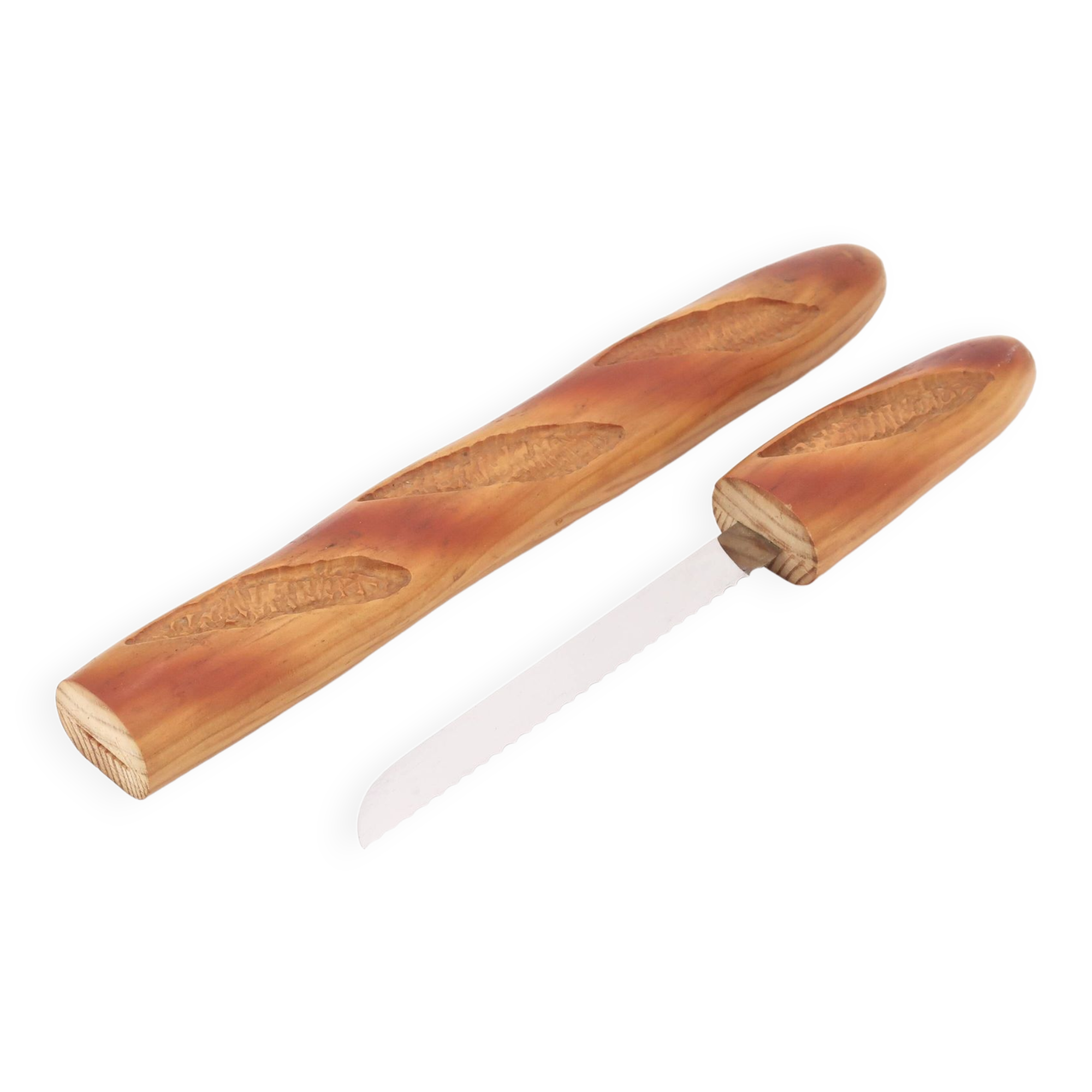 Bread knife in the shape of a wooden and stainless steel baguette
