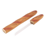 Bread knife in the shape of a wooden and stainless steel baguette