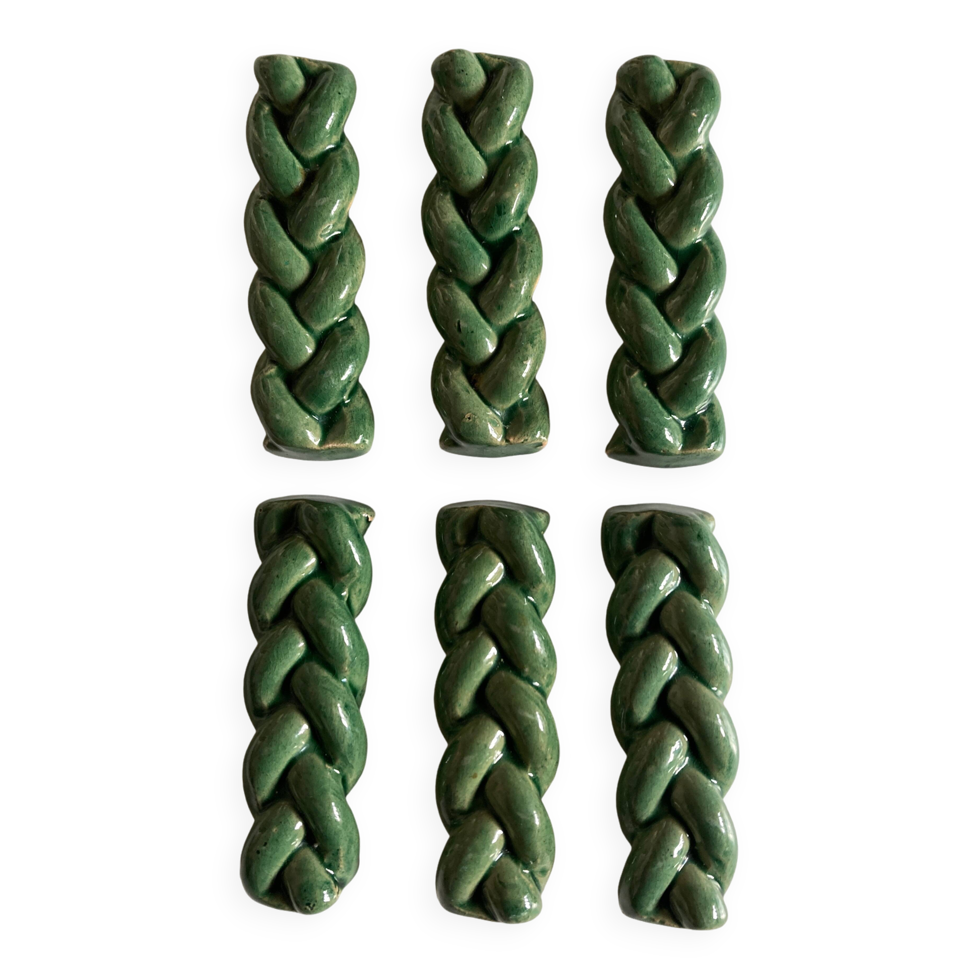 Set of 6 braided knife holders in green glazed earth