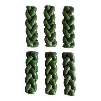 Set of 6 braided knife holders in green glazed earth