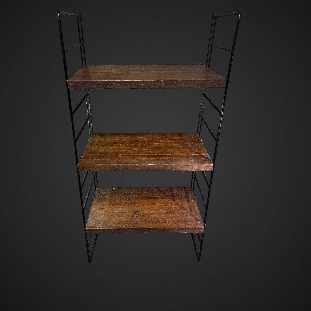 60's string wall shelf black lacquered metal oak, vintage