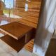 Varnished mahogany headboard, integrated bedside tables, 1960s