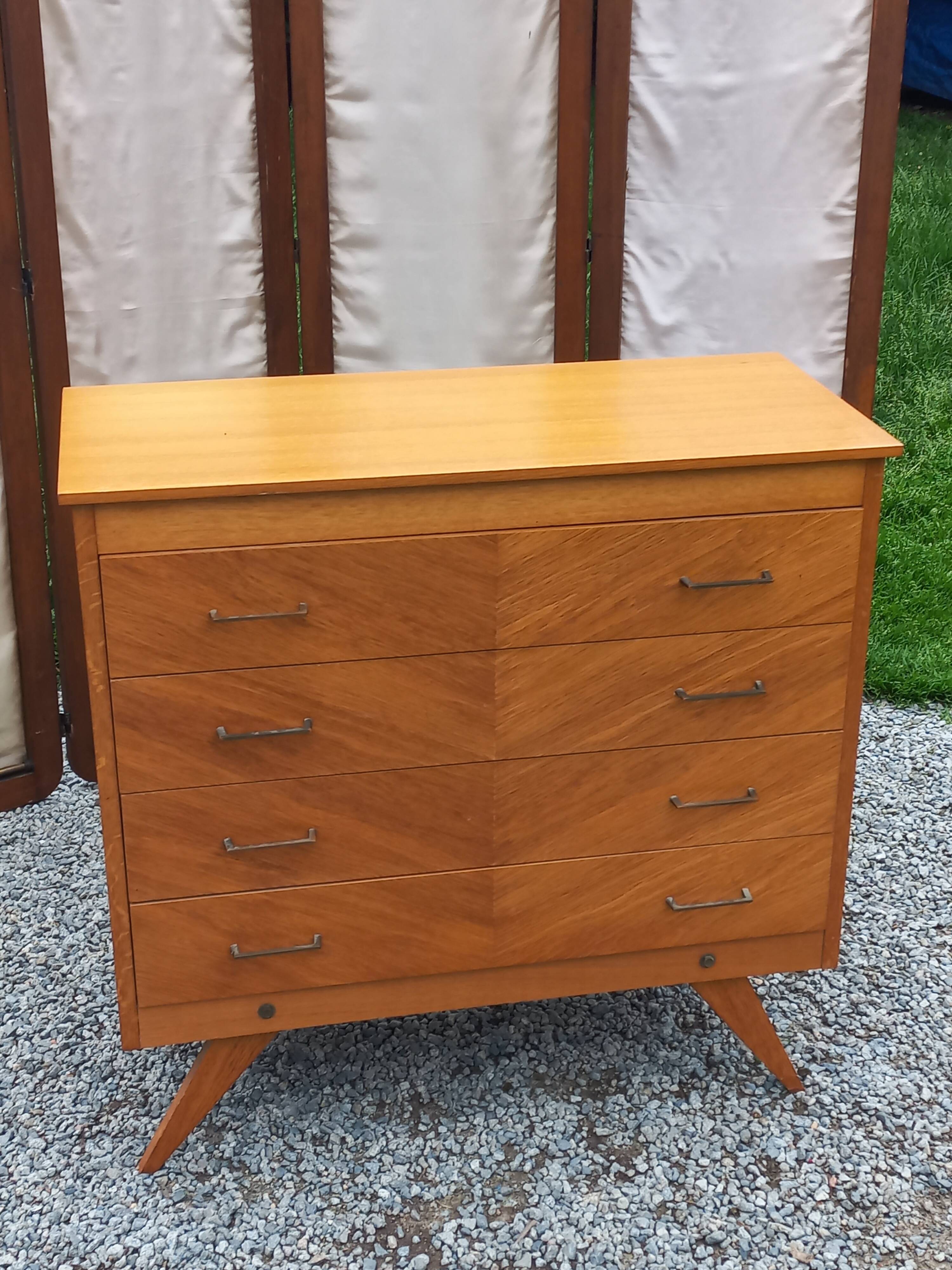 Vintage chest of drawers in blond and golden oak, compass legs and 4 drawers, 1950s