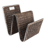 Vintage stainless steel magazine rack, woven rattan