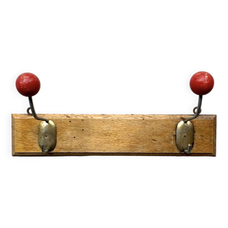 Vintage coat rack - double coat hook - red wooden balls