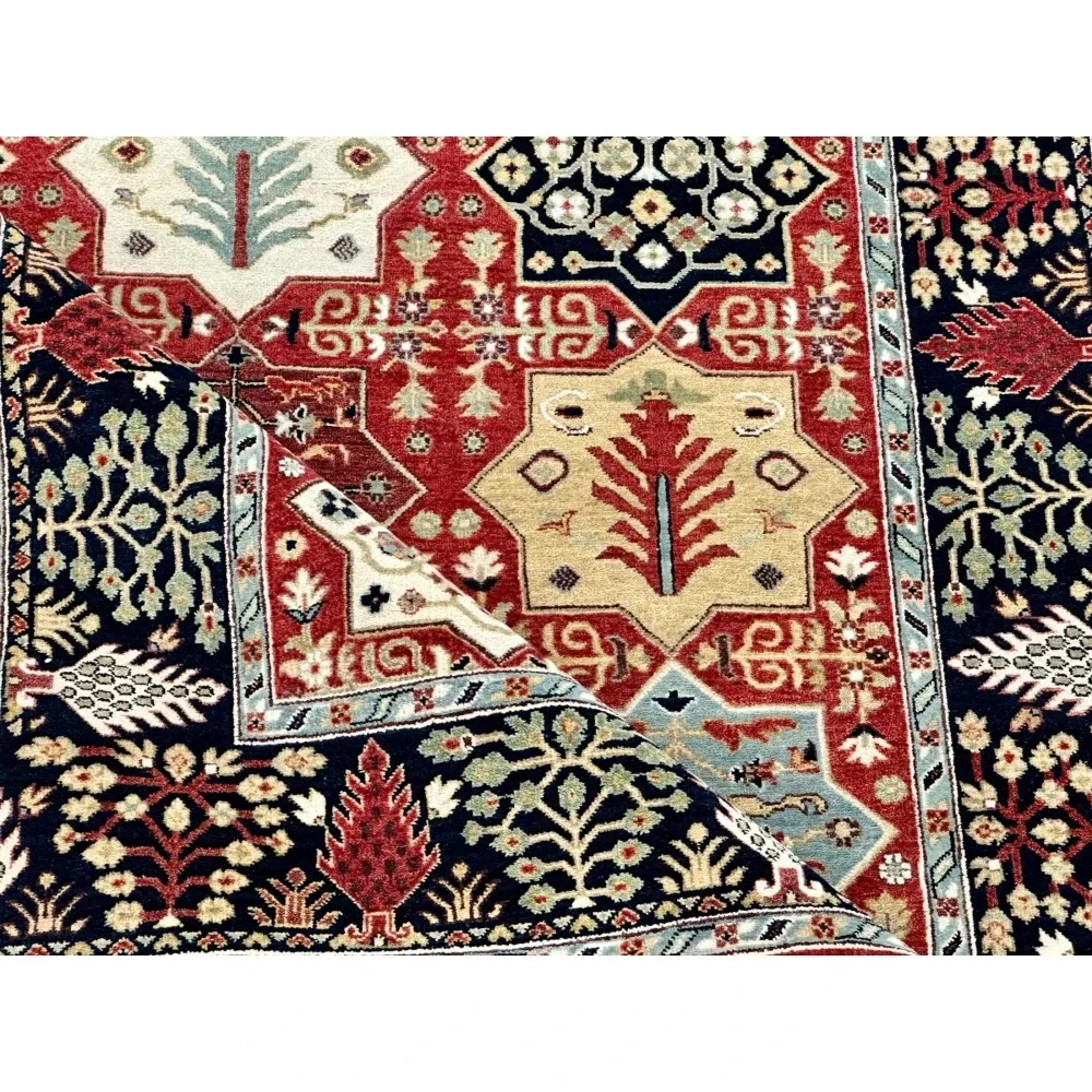 Hand-Knotted Wool Area Rug, Red Geometric Botanical Carpet for Living Room
