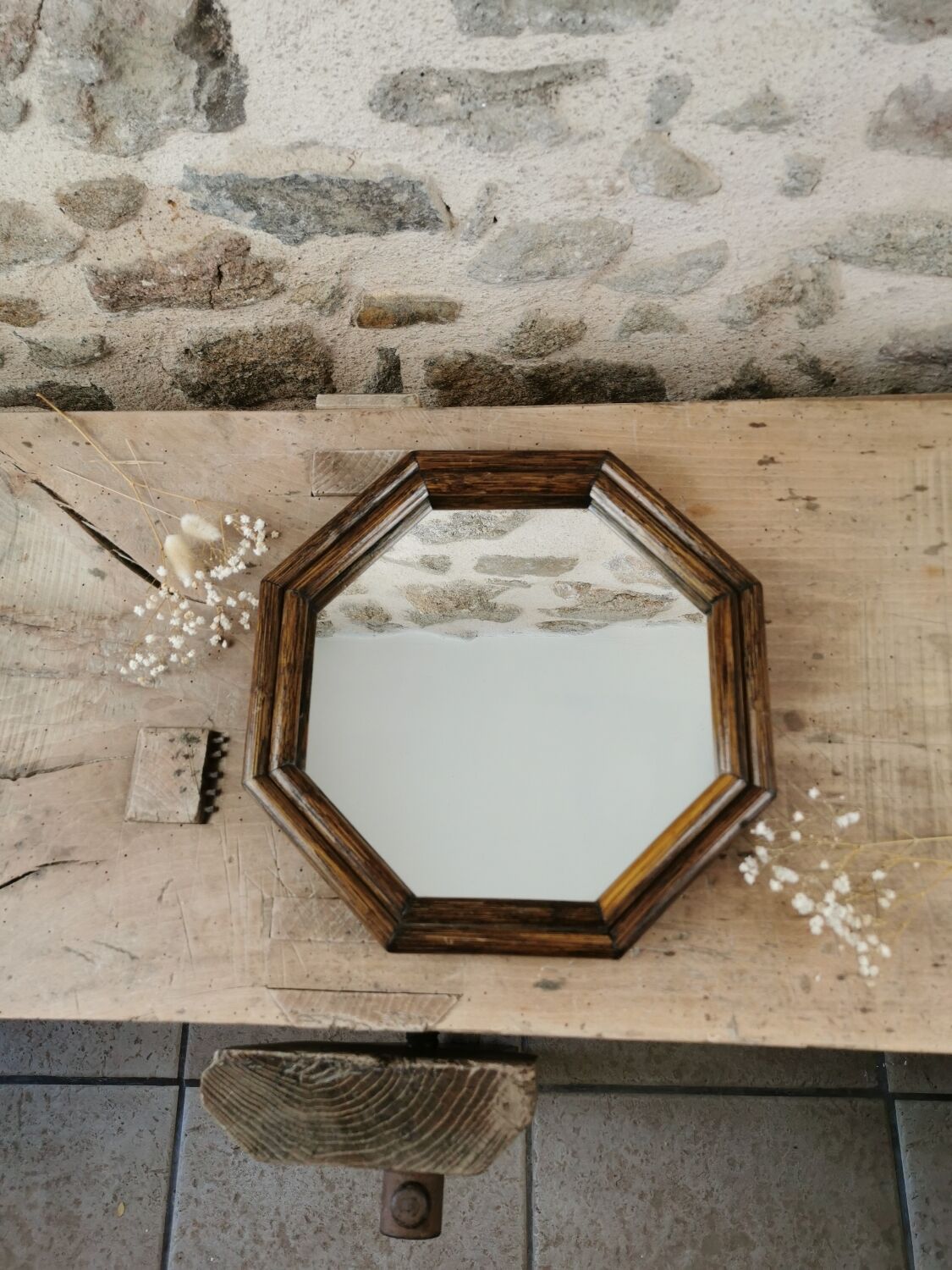 Vintage rattan mirror, octagonal