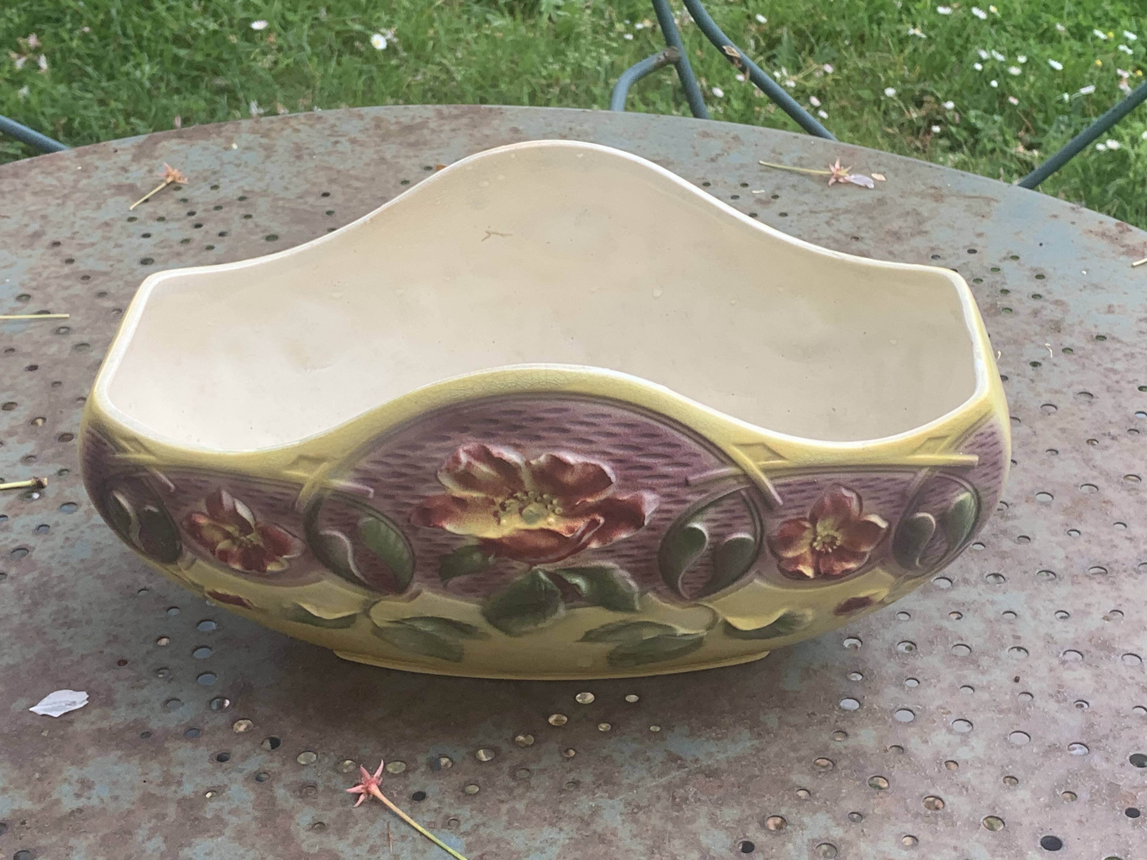 Yellow glazed ceramic slip planter, hawthorn pink flower pattern, art deco