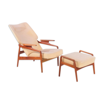 Fauteuil avec repose pied en teak et faux cuir John Boné vintage Danemark vers 1965