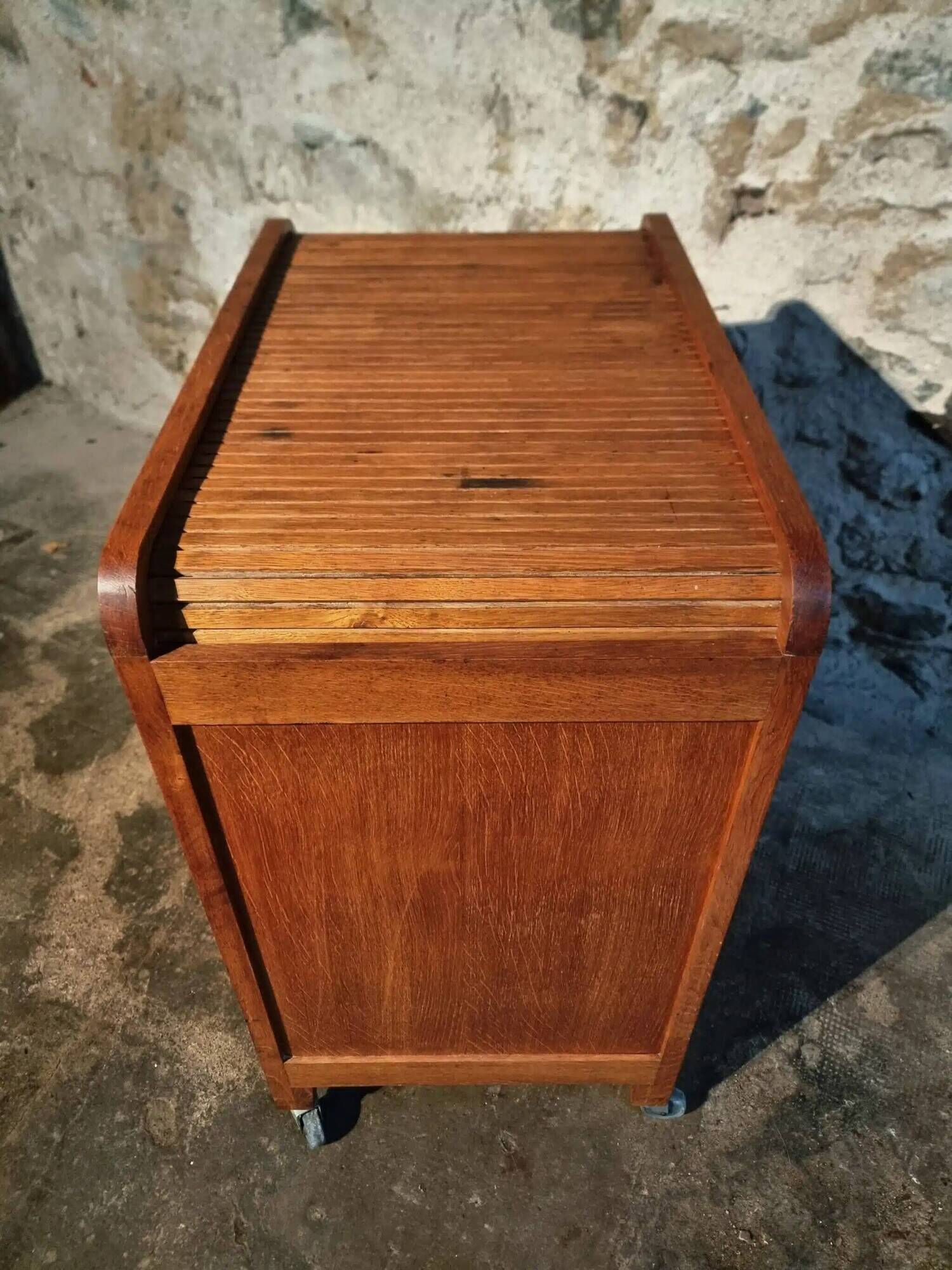 Vintage French oak office rolling cabinet with tambour door, 1950s.