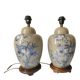 Pair of celadon crackle ceramic lamp bases decorated with flowers.