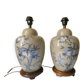 Pair of celadon crackle ceramic lamp bases decorated with flowers.