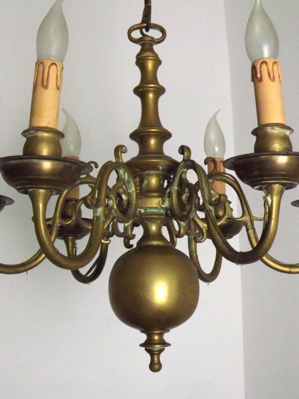 Vintage French 6 Light Heavy Brass Flemish Style Chandelier Card Drips 4050