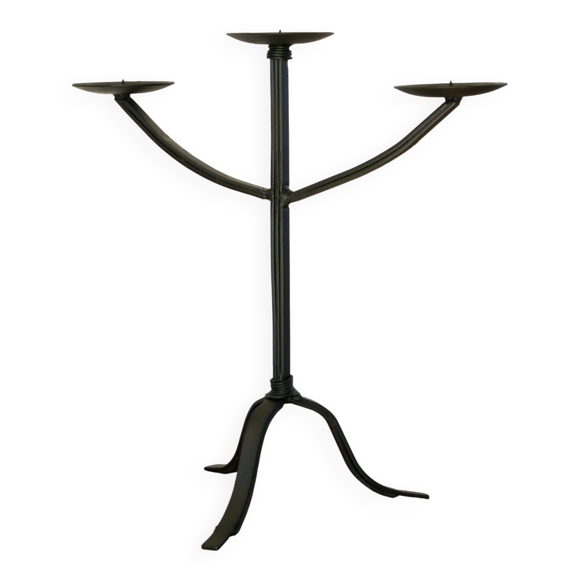 Très grand chandelier tripode en fer noir, scandinave, brutaliste, 1970 - 42 cm