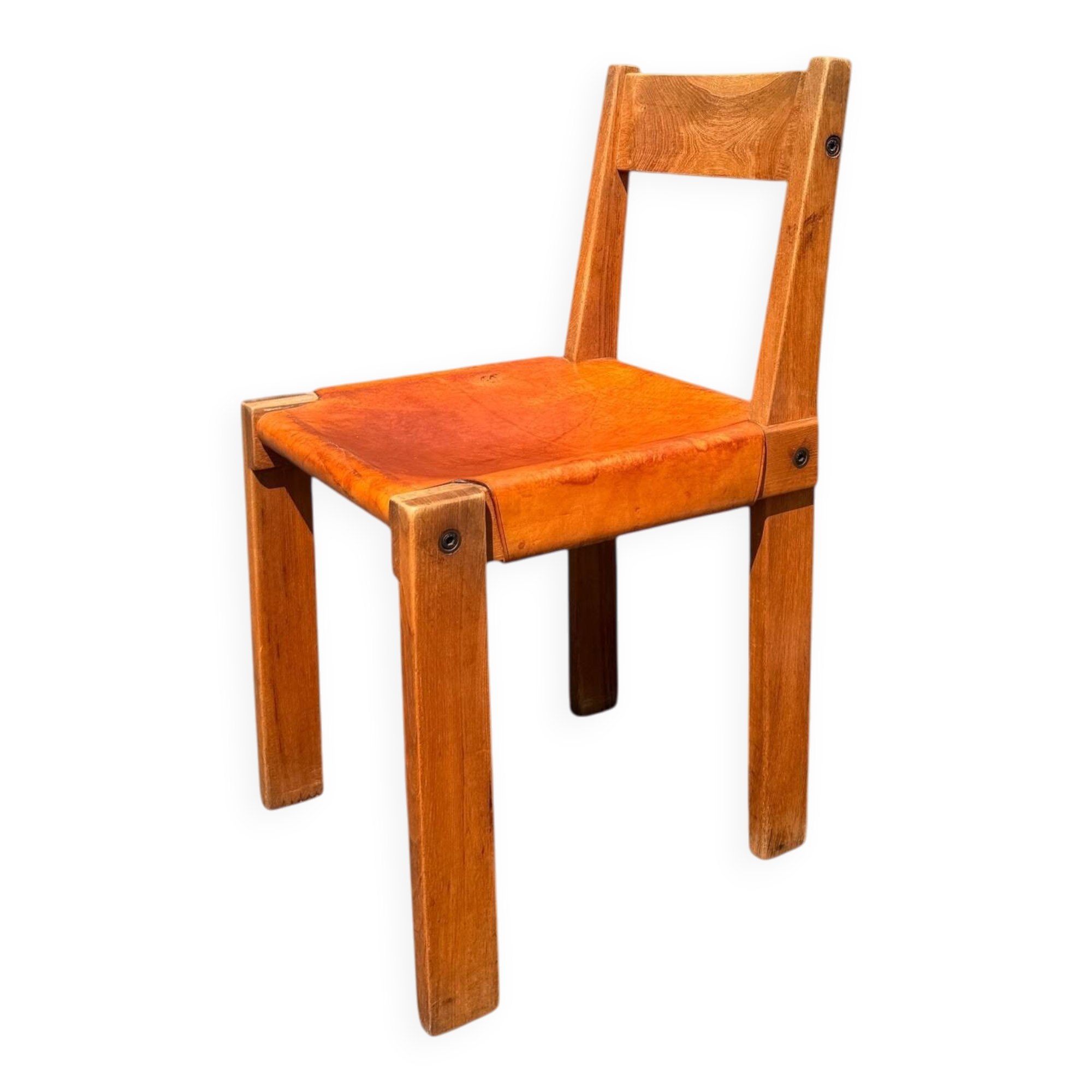 Chair S24 Pierre Chapo - Solid Elm & Cognac Leather Brutalist