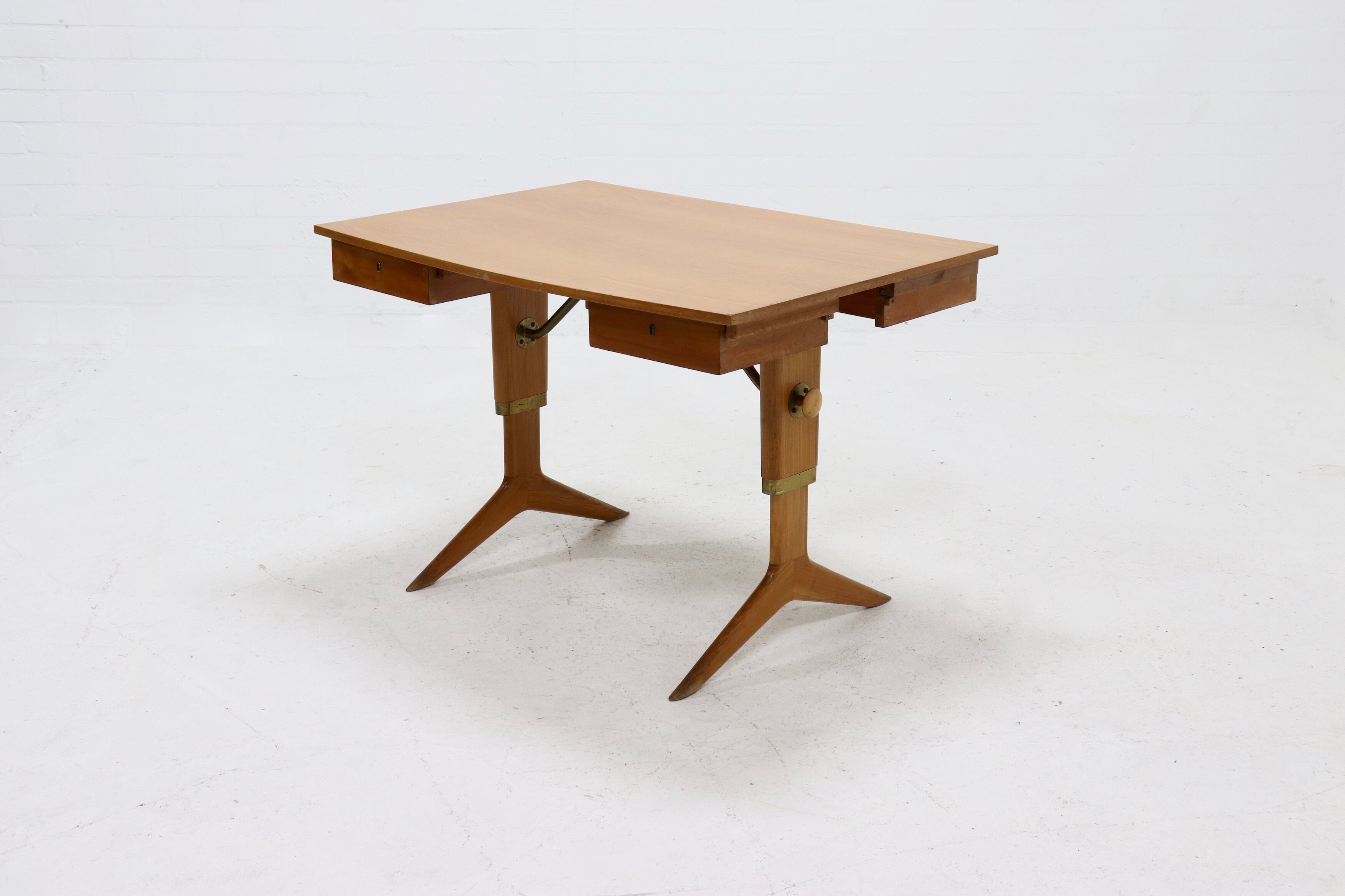 Height adjustable birch and brass partner desk 1960s