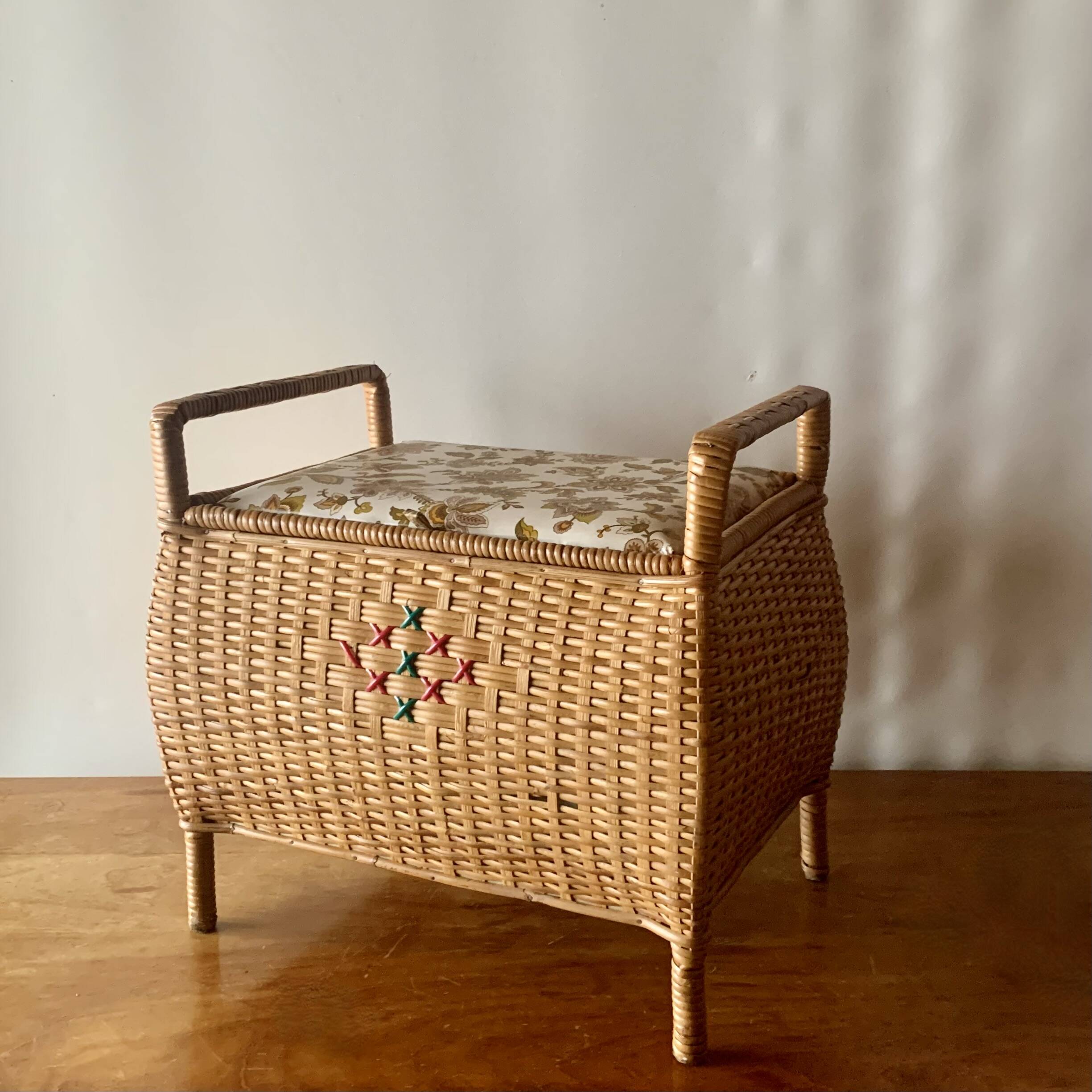 Large vintage rattan and wicker sewing basket with floral decor seat