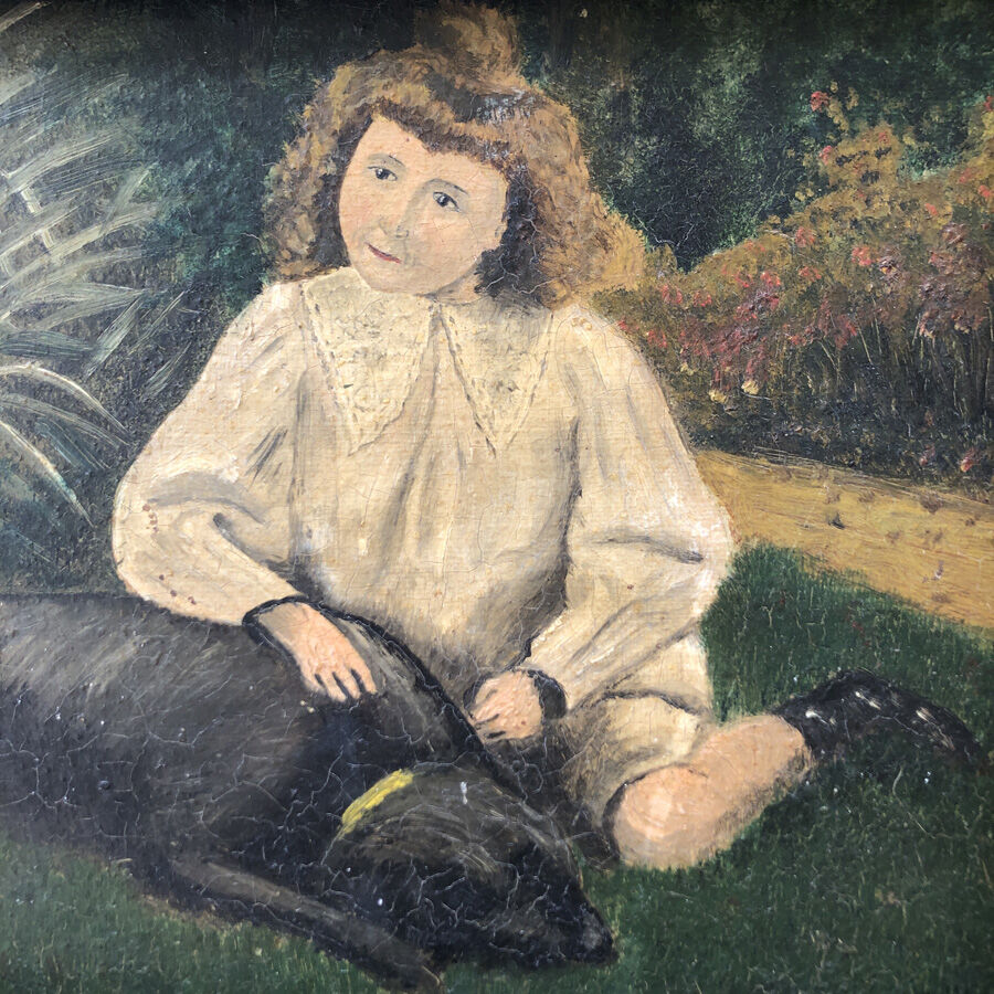 Tableau ancien "La fillette et le chien"