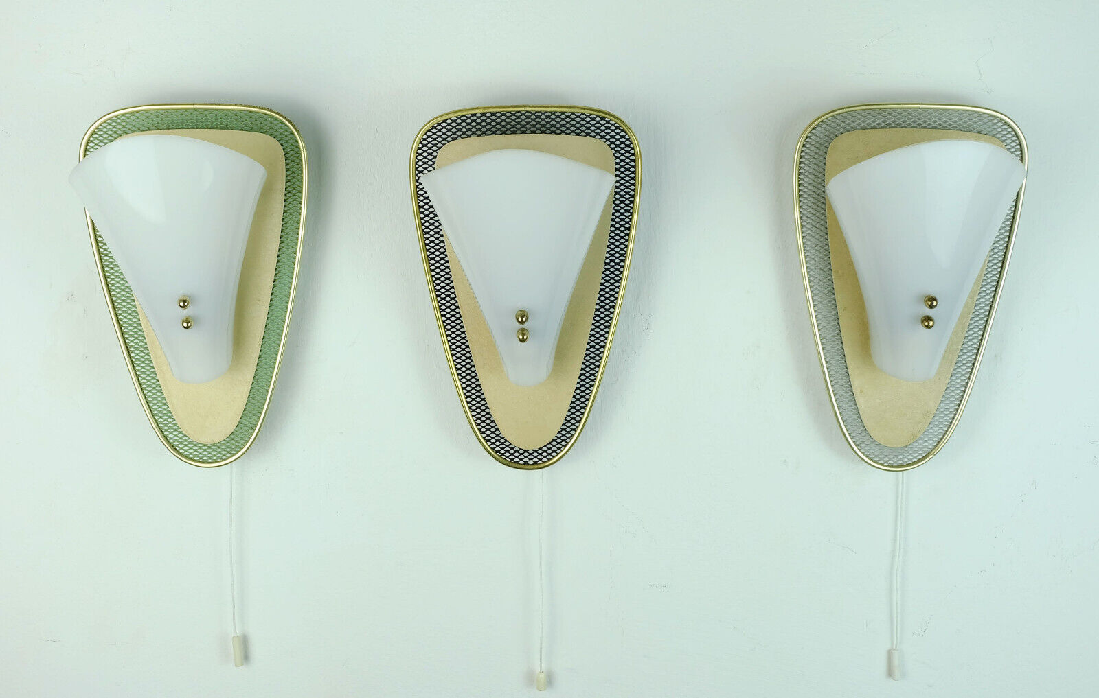 1950s sconce green metal mesh and brass with white acrylic shade