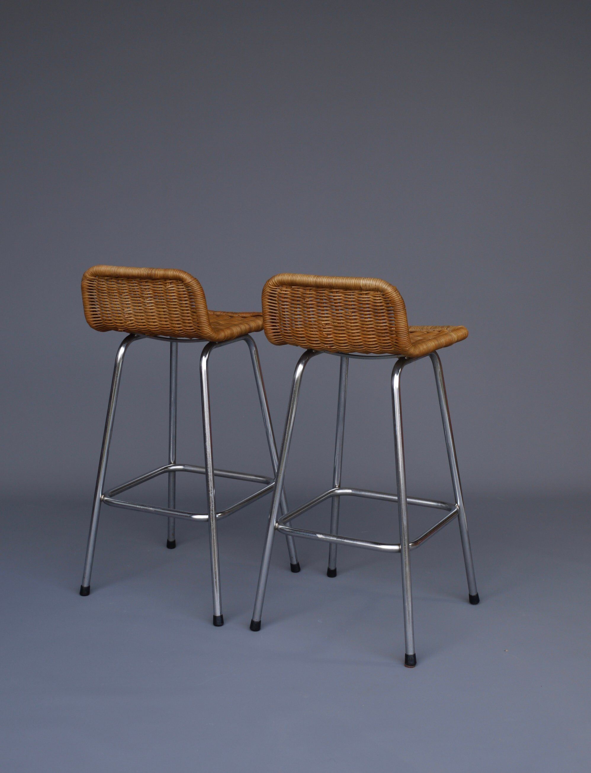 Chromed Steel and Rattan Bar Stools from Rohé Noordwolde, 1960s, Set of 2