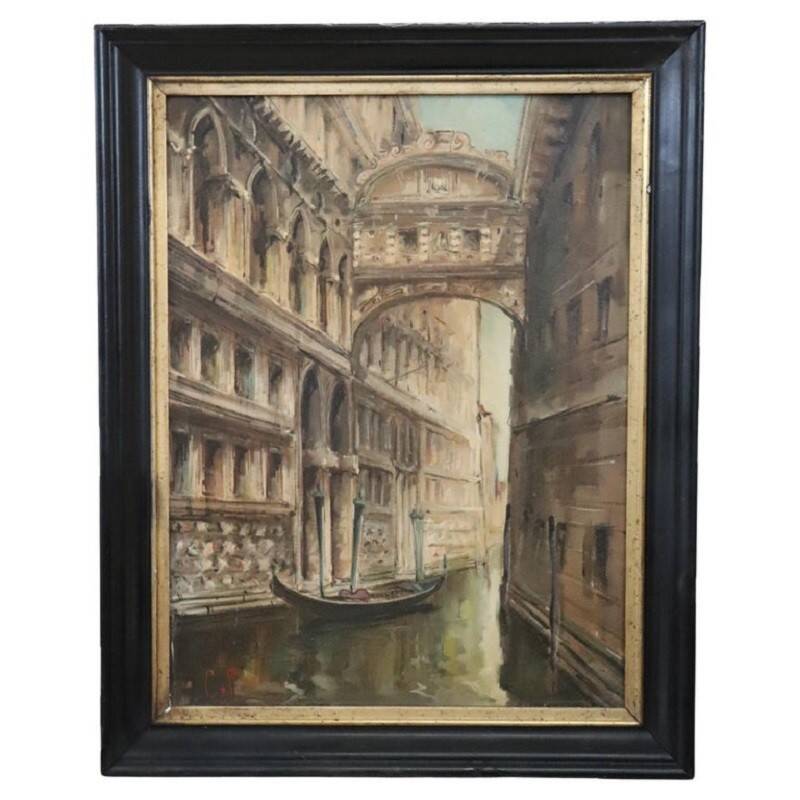 Venise Le Pont des Soupirs, Peinture à l'huile sur toile, Italie 20e siècle, Signé C. Rizzi